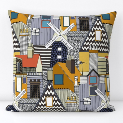 windmill and rooftops gold spoonflower throw pillow cushion sharon turner scrummy