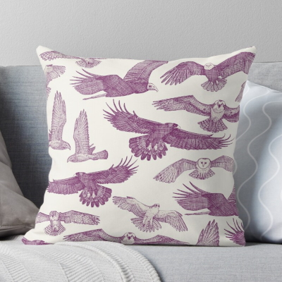 birds of prey purple redbubble throw pillow cushion sharon turner