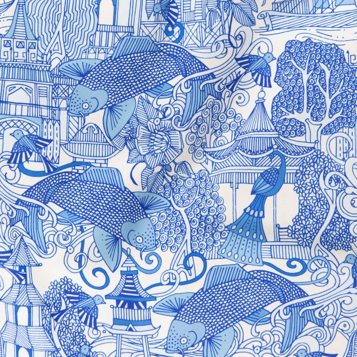 chinoiserie toile de jouy blue china fish peacock fabric