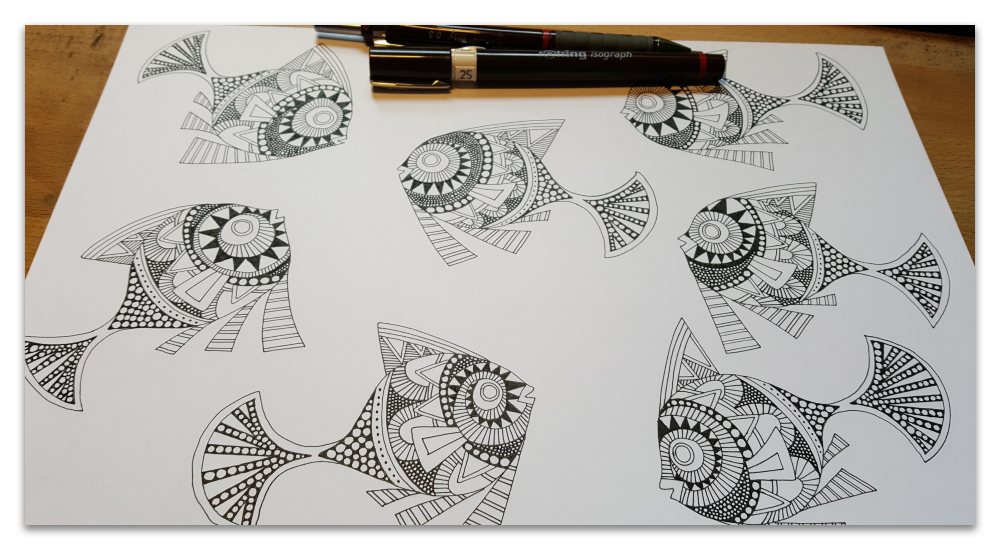 peaceful swimming art deco inspired fish work in progress illustration sharon turner