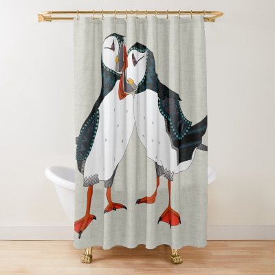 puffin pair warm grey redbubble shower curtain sharon turner