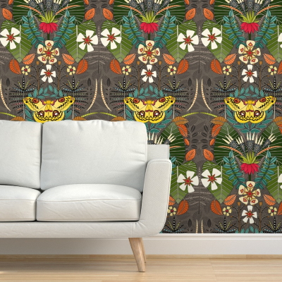 tropical moth paradise sandalwood spoonflower wallpaper sharon turner scrummy