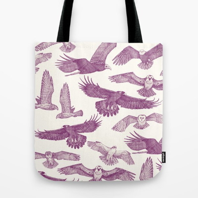 birds of prey purple society6 tote bag sharon turner