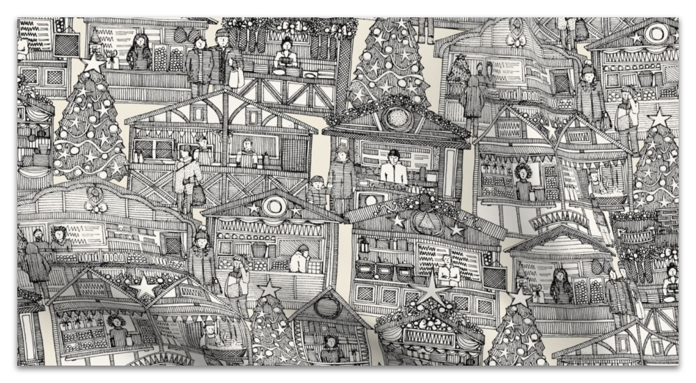 Christmas market toile black 2nd place winner spoonflower challenge Holiday traditions 30092021 sharon turner