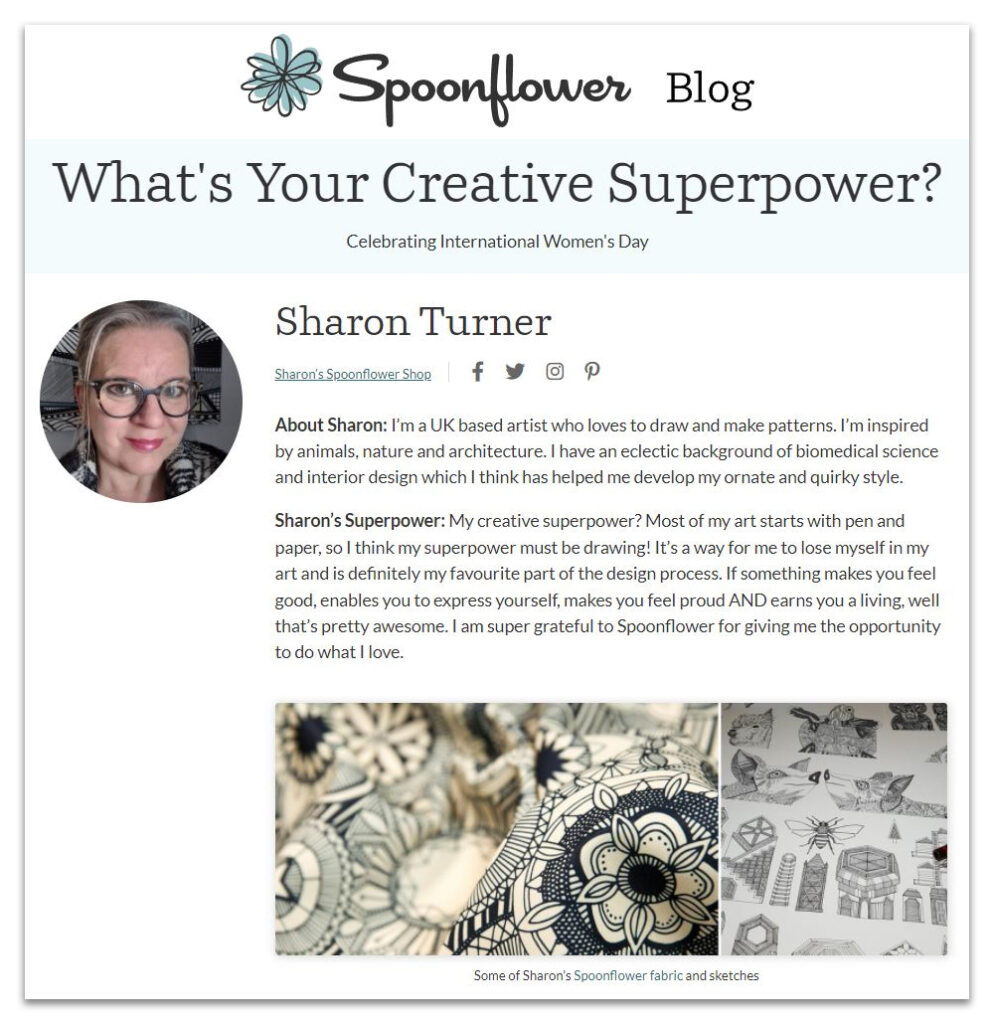 International Womens's Day 9th March 2022 Spoonflower Blog Sharon Turner scrummy
