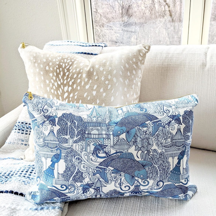 chinoiserie toile blue throw pillow Alme Design Co