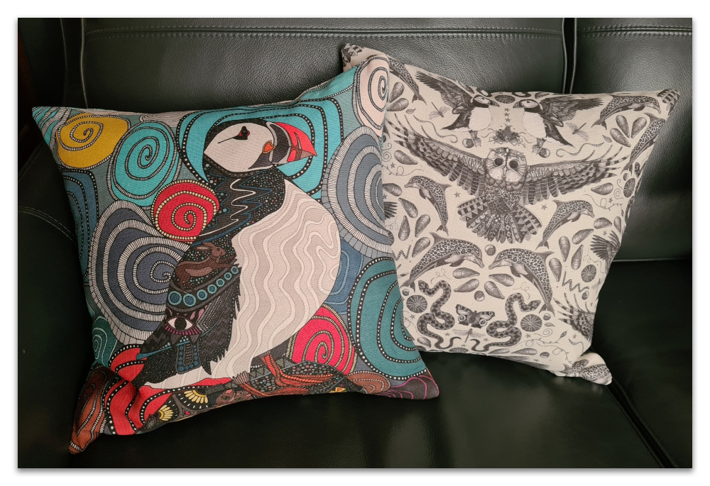 Cornwall puffin and Kerensa throw pillows in Belgian linen Sharon Turner