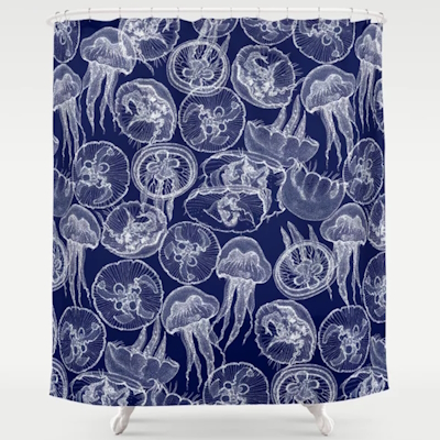 moon jellyfish midnight blue society6 shower curtain sharon turner