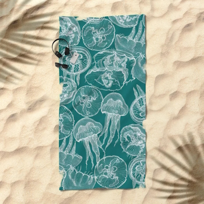moon jellyfish turquoise society6 beach towel sharon turner