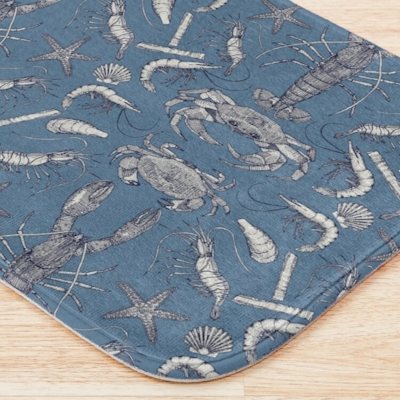 Cornwall crustaceans damask blue ultra marine redbubble bath mat sharon turner