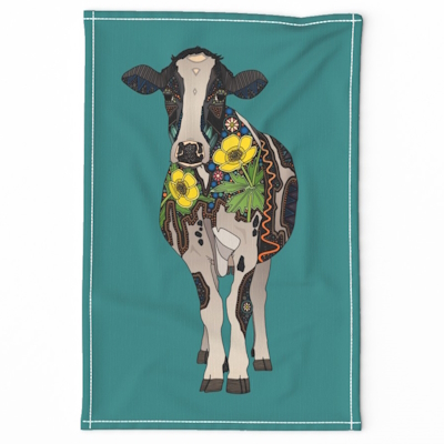 cow teal tea towel spoonflower sharon turner scrummy