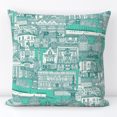 Penzance toile veridian green spoonflower throw pillow sharon turner Cornwall toile de jouy