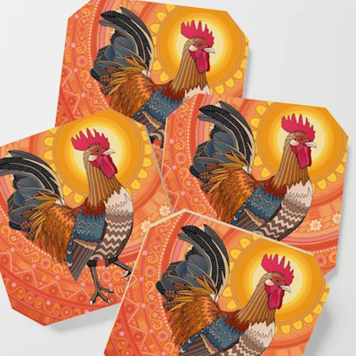 rooster sunrise orange society6 coasters sharon turner