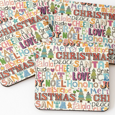 christmas typography redbubble coasters sharon turner scrummy
