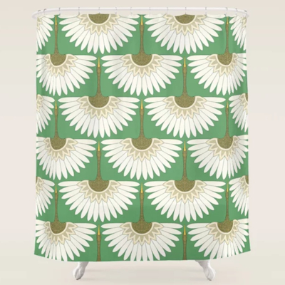 art deco cranes green society6 shower curtain sharon turner