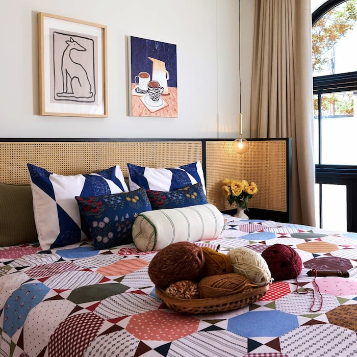 society6 lifestyle bedroom featuring pillow shams in modern quilt minimal navy blue pearl sharon turner