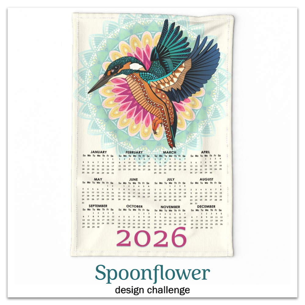 2026 kingfisher mandala tea towel calender contest spoonflower design challenge link sharon turner
