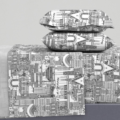 Chicago toile black white spoonflower sheet set sharon turner scrummy
