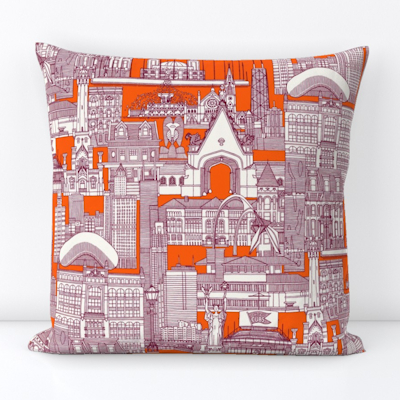 Chicago toile clare hot orange spoonflower throw pillow sharon turner scrummy