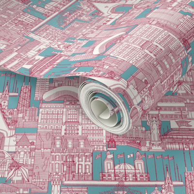 Chicago toile viva magenta turquoise small spoonflower wallpaper sharon turner scrummy