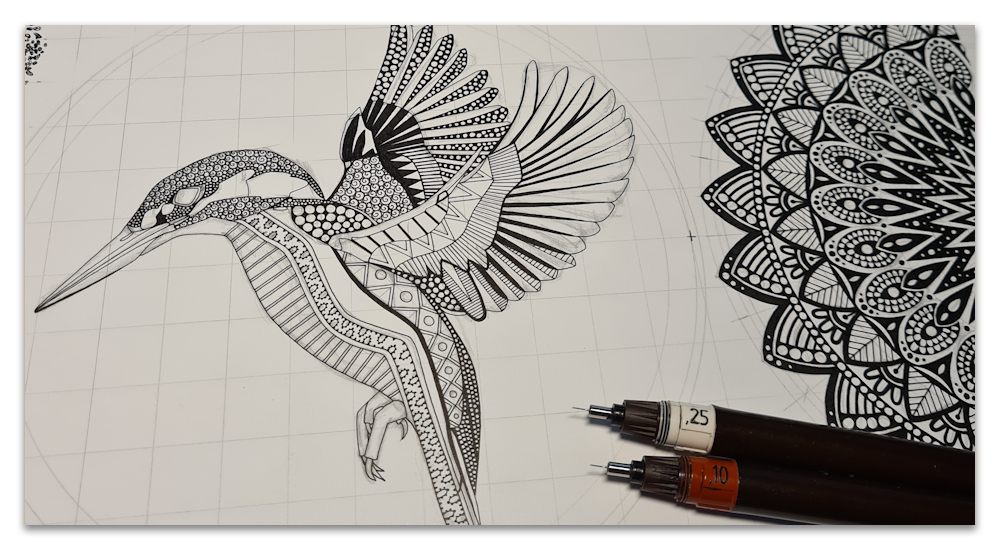 kingfisher mandala work in progress illustration drawing sharon turner scrummy spoonflower