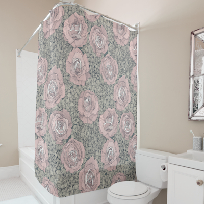 zazzle rose hydrangea floral pale pink indigo gray shower curtain sharon turner scrummy scrummylicious