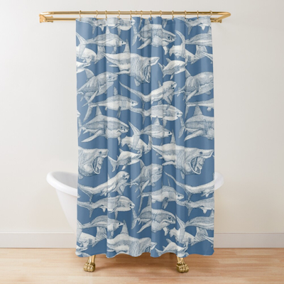 just sharks cobalt denim redbubble shower curtain sharon turner scrummy