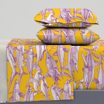 just sharks purple yellow large spoonflower sheet set sharon turner scrummy