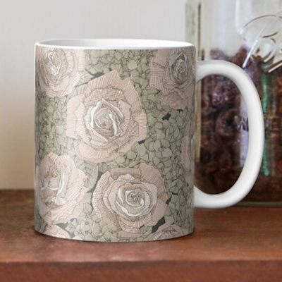 rose hydrangea floral pale peach tea dark redbubble mug sharon turner scrummy