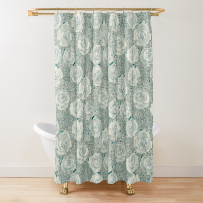 rose hydrangea floral pearl dark teal viridian redbubble shower curtain sharon turner scrummy