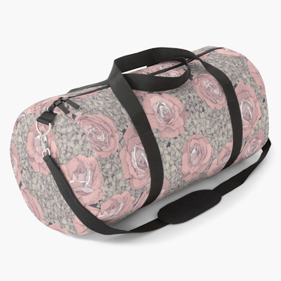 rose hydrangea floral pink mulberry plum redbubble duffle bag sharon turner scrummy