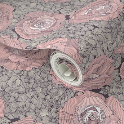 rose hydrangea floral pink mulberry plum small spoonflower wallpaper sharon turner scrummy
