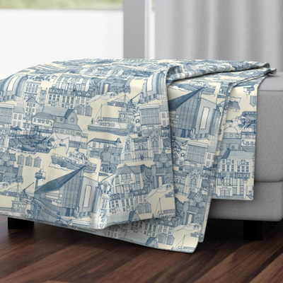 Falmouth toile cobalt pearl throw blanket spoonflower sharon turner scrummy