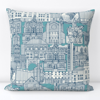 Raleigh NC toile cobalt turquoise spoonflower throw pillow sharon turner scrummy