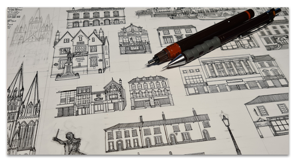 Truro Cornwall UK toile de jouy illustration drawing work in progress WIP spoonflower sharon turner scrummy