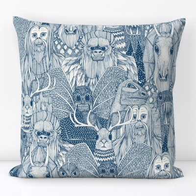 cryptid crowd cobalt half pearl spoonflower throw pillow sharon turner scrummy