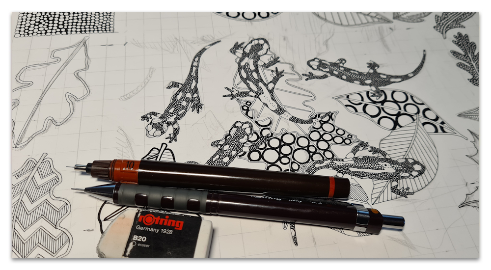 maximalist salamander forest work in progress WIP illustration drawing pattern sharon turner scrummy spoonflower