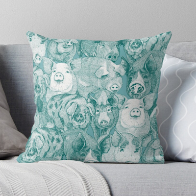 just pigs viridian turquoise redbubble throw pillow cushion sharon turner scrummy
