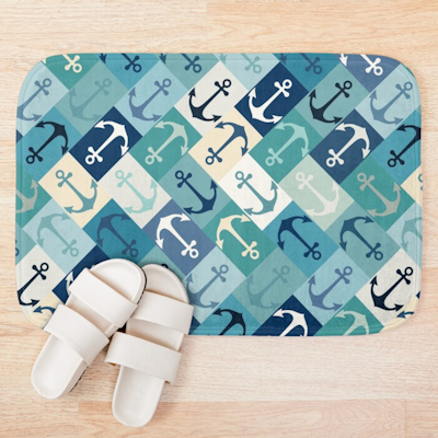 anchor herringbone blue redbubble bath mat sharon turner scrummy