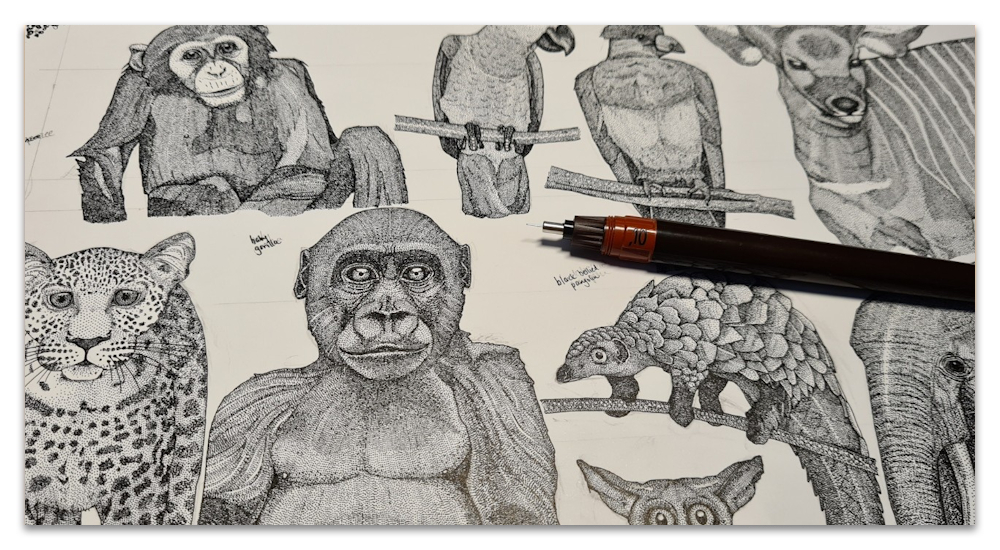 just african jungle animals work in progress WIP drawing illustration hand drawn sharon turner scrummy spoonflower