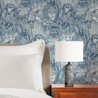 just african jungle animals cobalt blue half pearl spoonflower wallpaper sharon turner scrummy