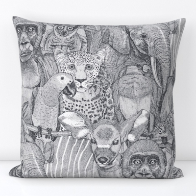 just jungle animals iron gray white spoonflower throw pillow sharon turner scrummy