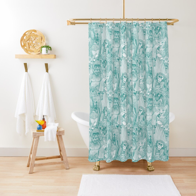 just african jungle animals teal white shower curtain redbubble sharon turner scrummy