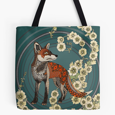 redbubble hollyhocks fox deep pine cream tote bag sharon turner scrummy
