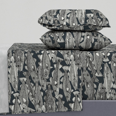 spoonflower Atlantic cod black gunmetal sheet set sharon turner scrummy