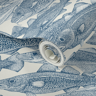 spoonflower Atlantic cod cobalt strong white wallpaper sharon turner scrummy