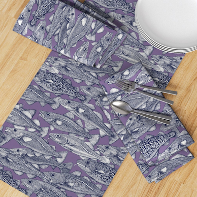 spoonflower Atlantic cod navy blue violet table runner sharon turner scrummy
