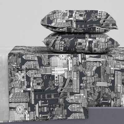 San Francisco toile black iron gray large spoonflower sheet set sharon turner scrummy