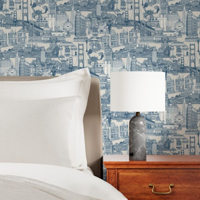 San Francisco toile cobalt strong white large spoonflower wallpaper sharon turner scrummy