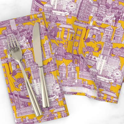 San Francisco toile purple yellow spoonflower dinner napkins sharon turner scrummy